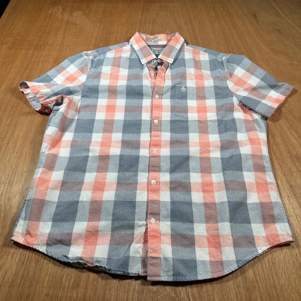 Original Penguin Button Down Mens XL Blue Orange Plaid Heritage Slim Fit Shirt